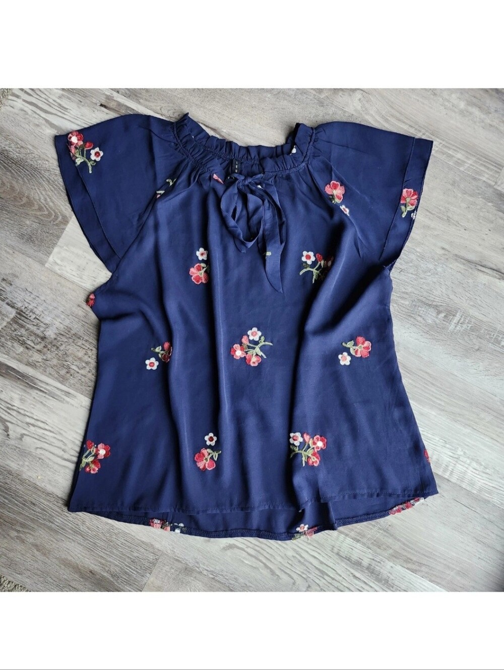 Luna Rae XL Embroidered Floral Peasant Top Navy Boho Cottagecore